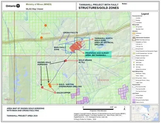 Geological map of Tannahill Project showing gold horizons, faults, and drill targets with detailed legend.